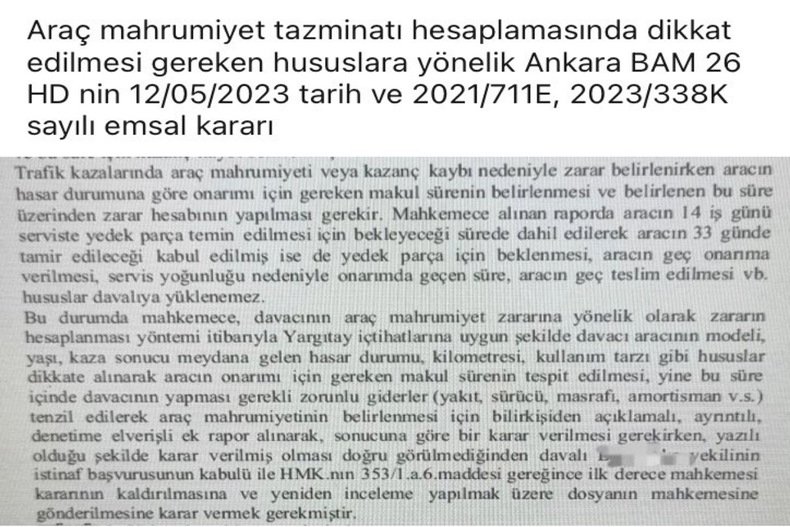 ARAÇ MAHRUMİYETİ TAZMİNAT HESAPLAMASINDA DİKKAT EDİLMESİ GEREKENLER