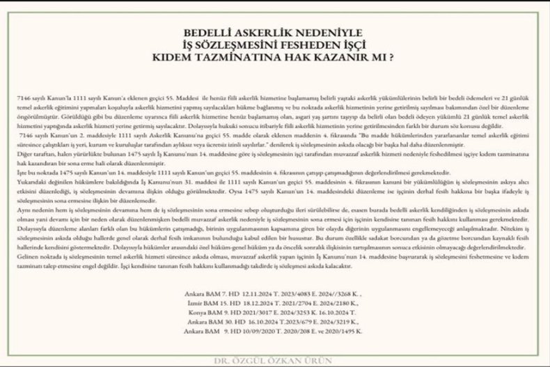 BEDELLİ ASKERLİK NEDENİYLE FESİH KIDEM TAZMİNATI