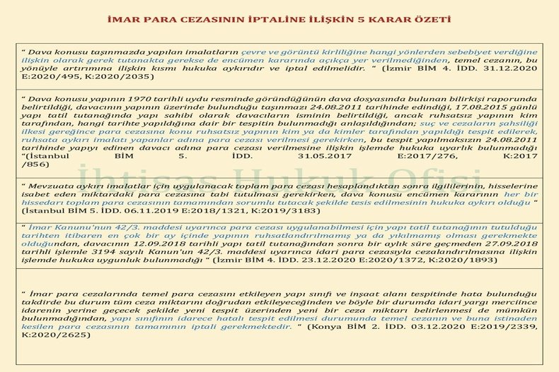 İMAR PARA CEZASININ İPTALİNE İLİŞKİN 5 KARAR ÖZETİ