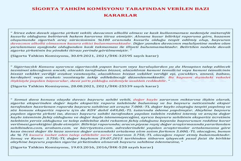SİGORTA TAHKİM KOMİSYONU TARAFINDAN VERİLEN BAZI KARARLAR